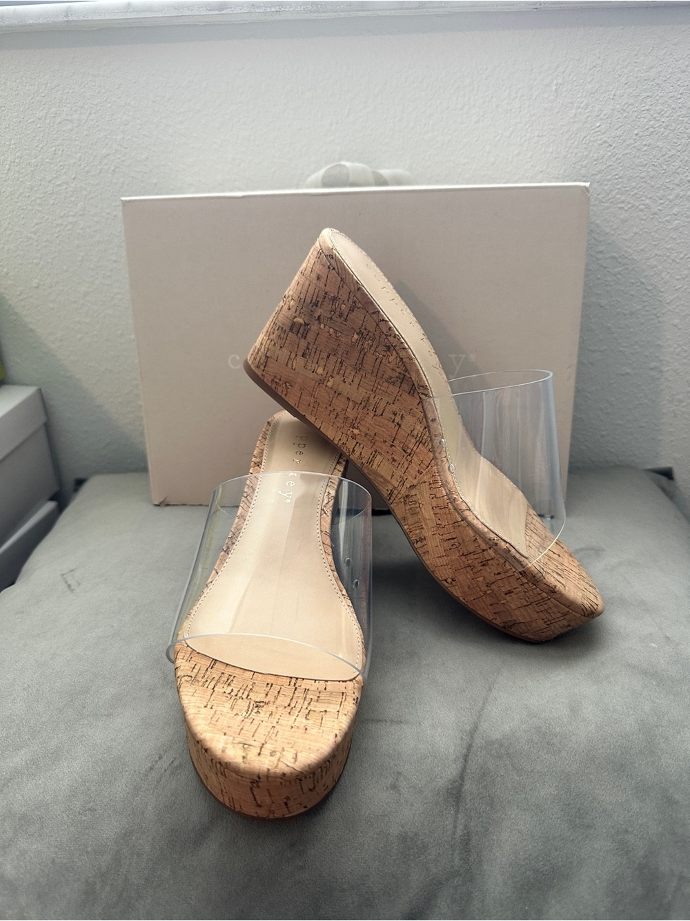 Copper Key Clear Strap Cork Wedge Sandals - Tan